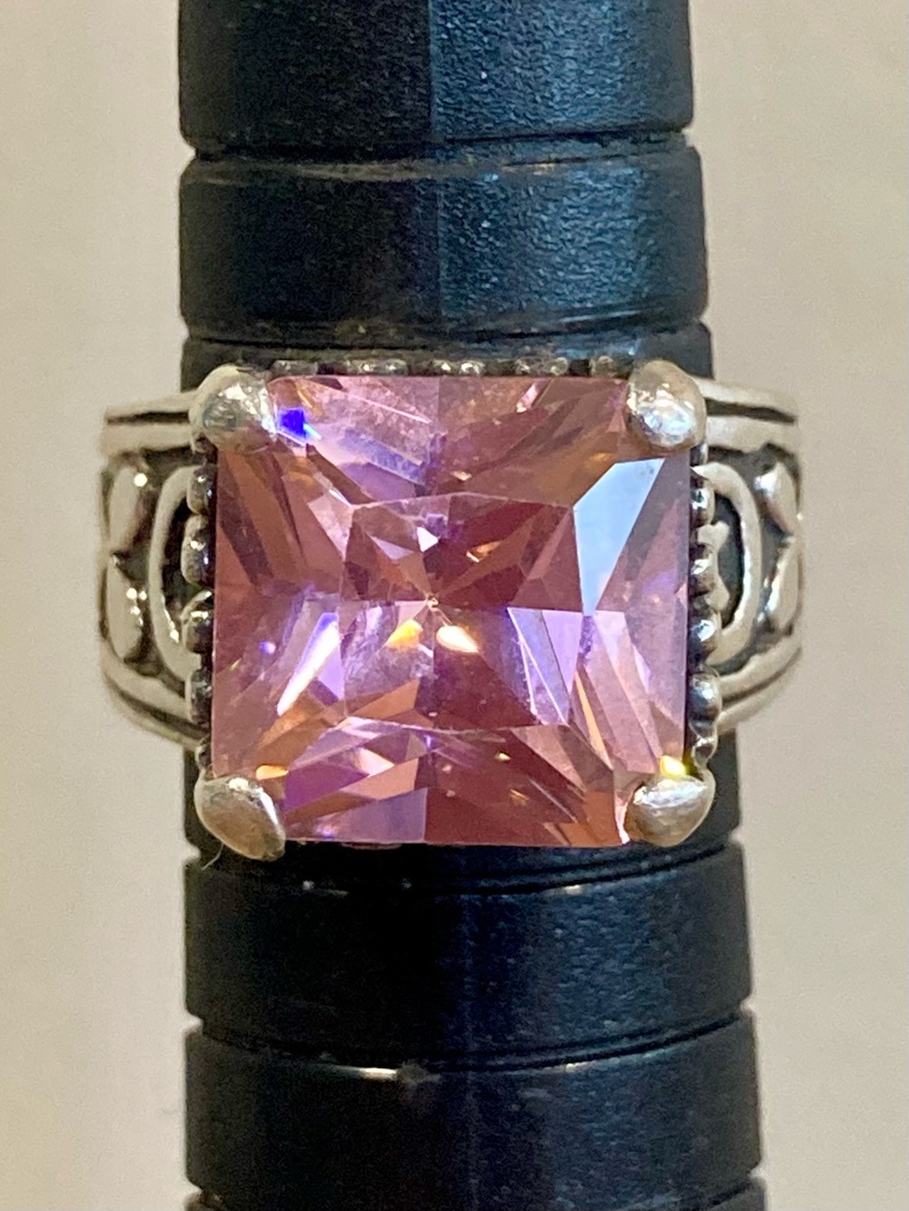 Silver Tone Statement Ring with Square Pink Gemstone • Size 6.25 - Picture 7 of 13